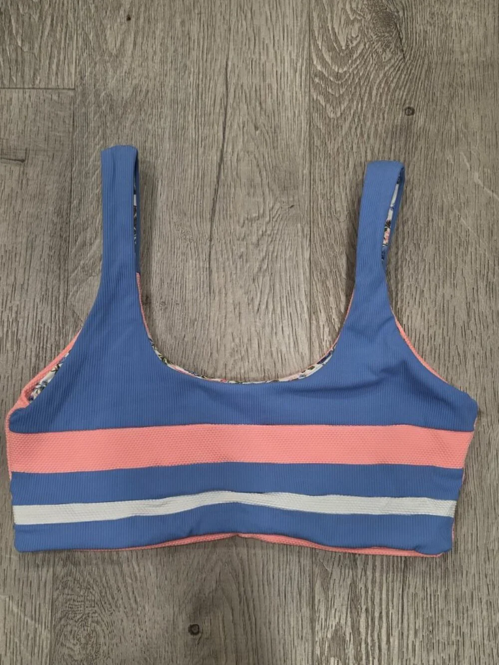 Floral & Striped Reversible Sports Bra - Pink Blue & White - Size S - Stretchy &
